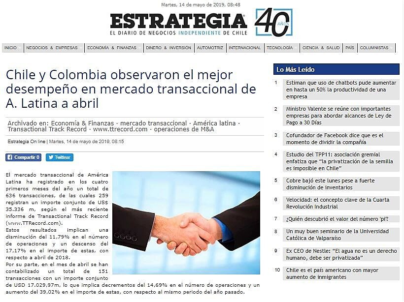 Chile y Colombia observaron el mejor desempeo en mercado transaccional de A. Latina a abril